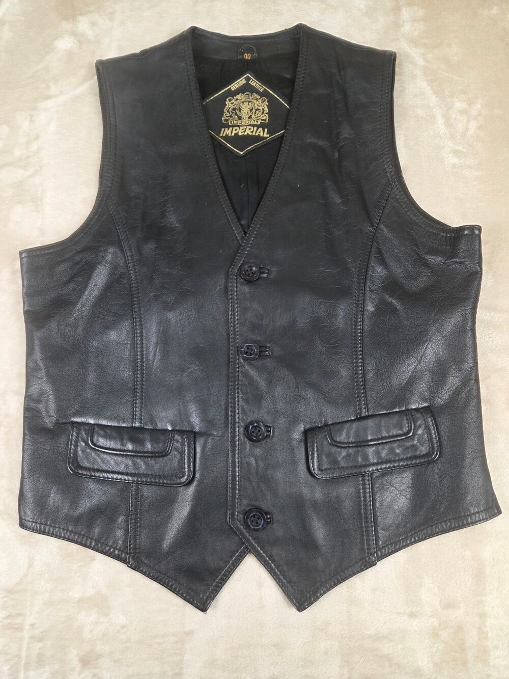Vintage Imperial Black Leather Vest Men's Size 40 Western Biker Cowboy 4-Button